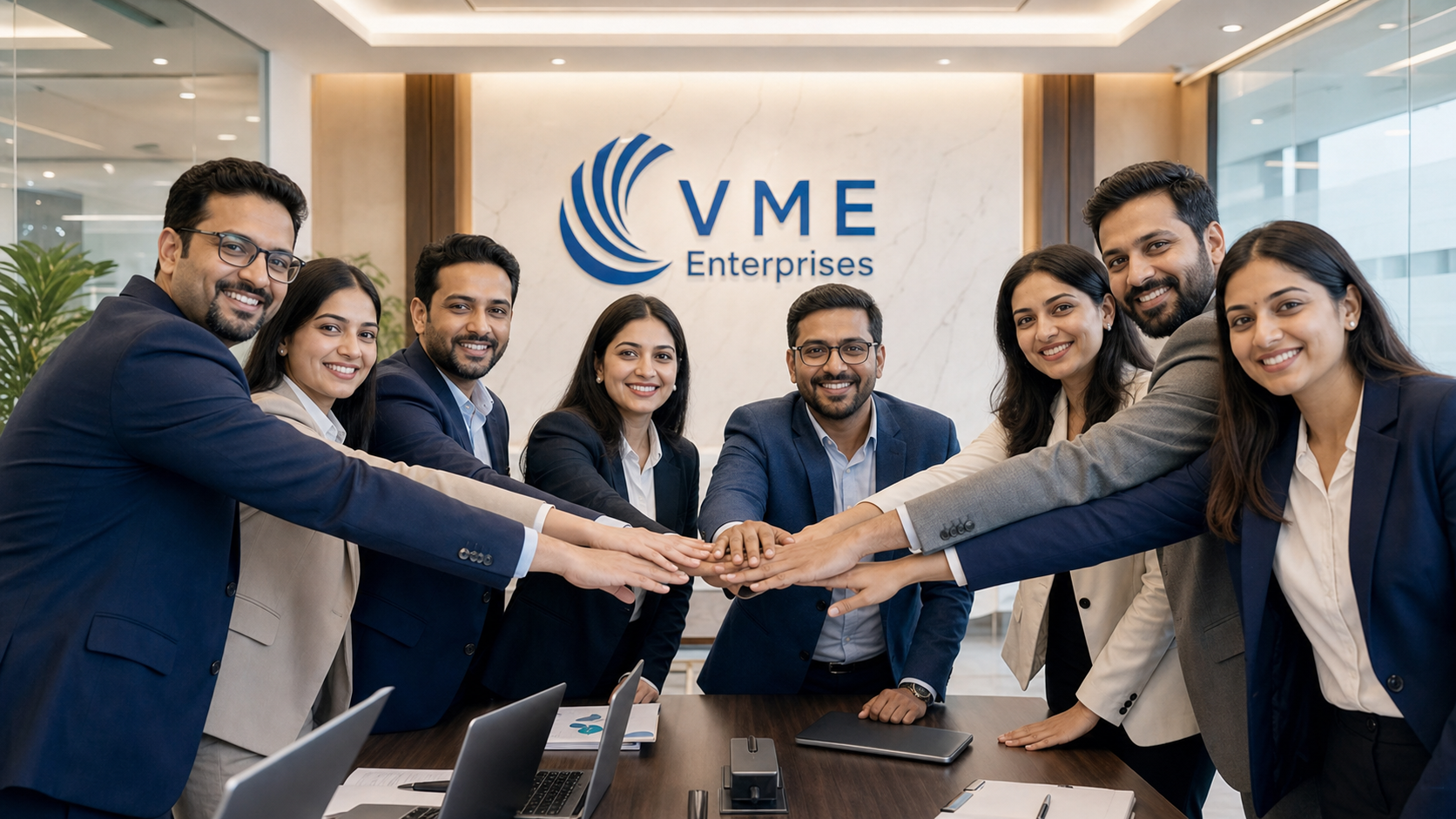 VME Enterprises team in office with hands together